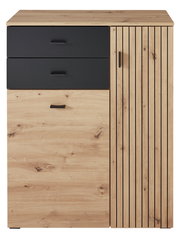 Moderner Schuhschrank aus Holz mit zwei schwarzen Schubladen und einer Tür, Frontalansicht