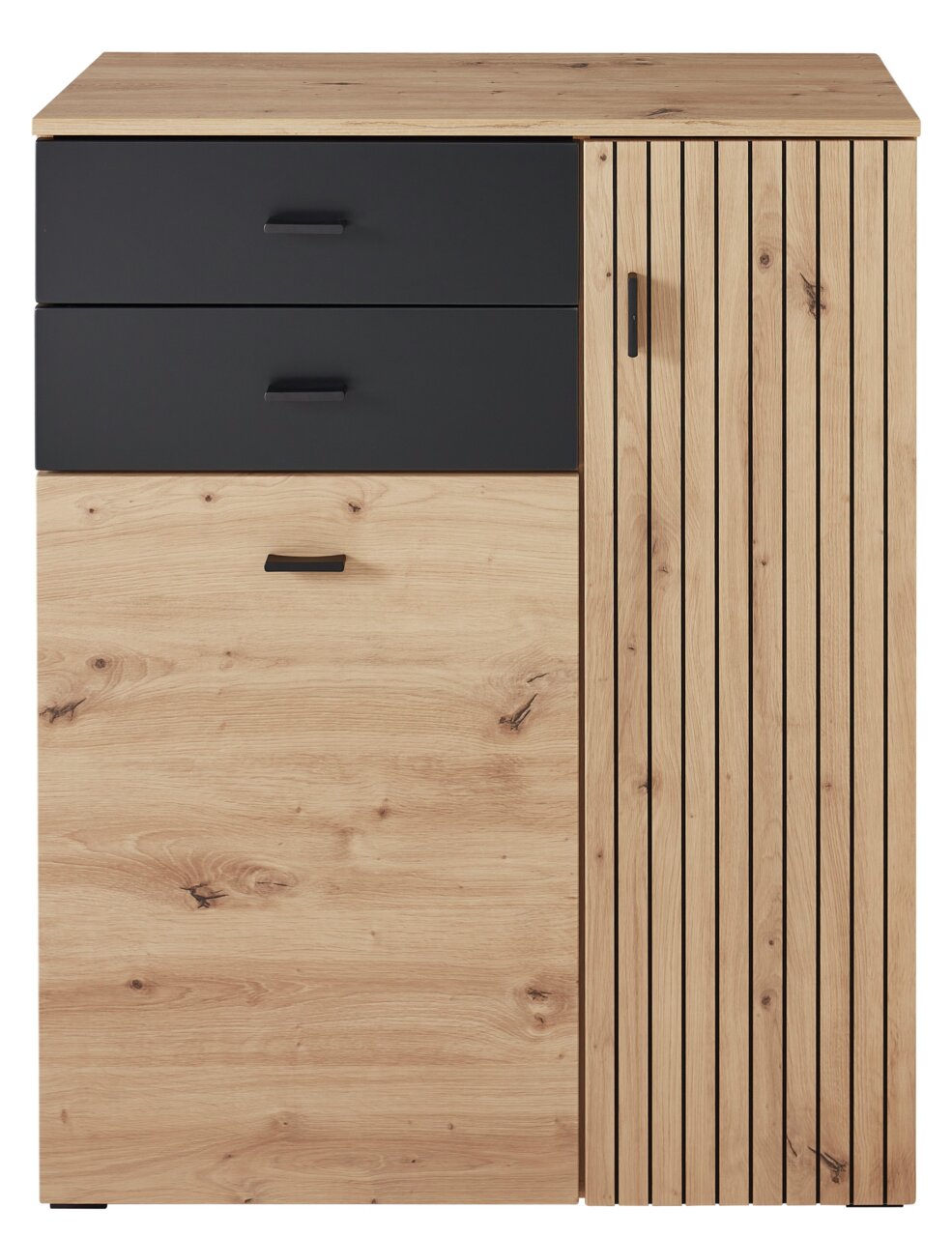 Moderner Schuhschrank aus Holz mit zwei schwarzen Schubladen und einer Tür, Frontalansicht