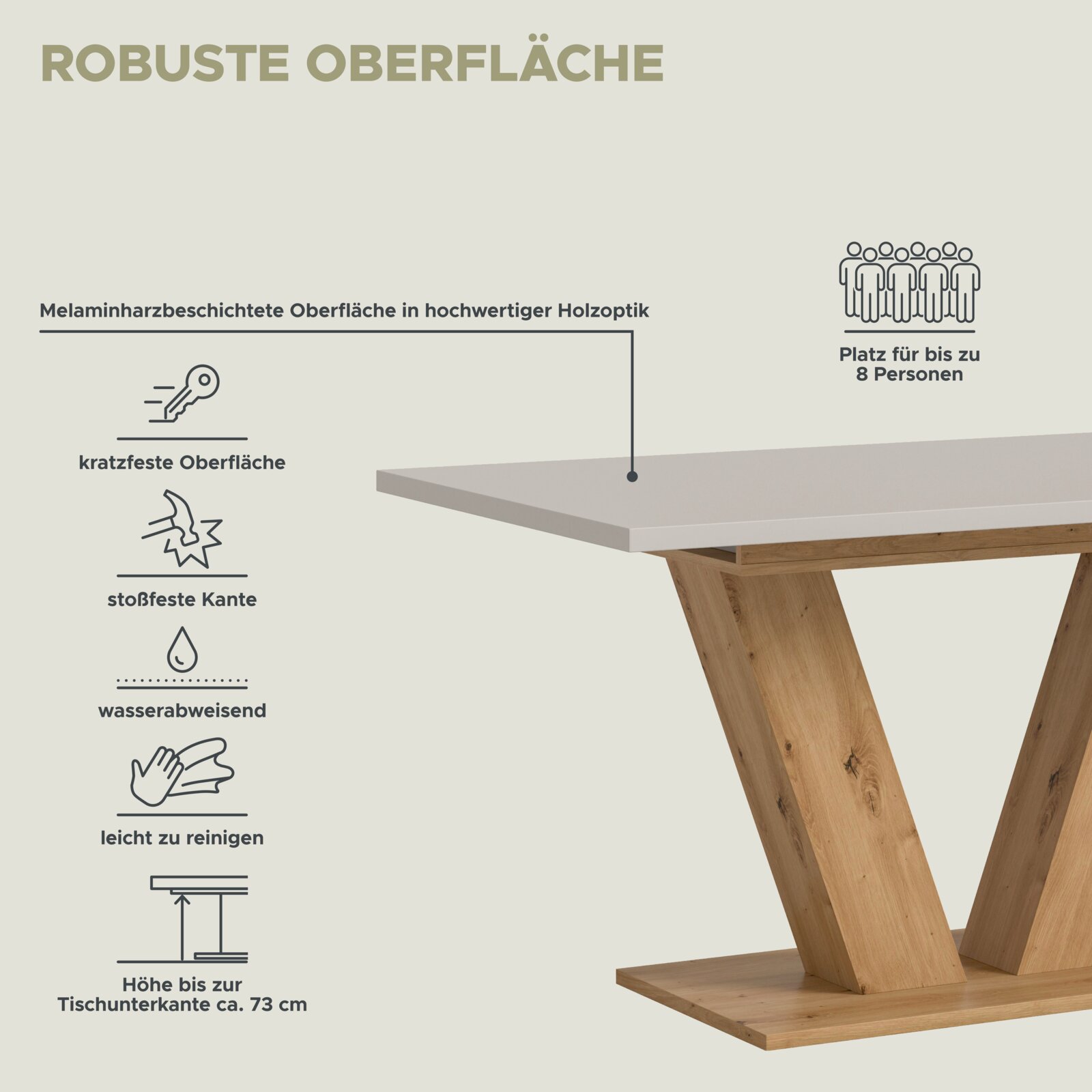 Detailansicht aus leicht seitlicher Perspektive: Esstisch mit melaminharzbeschichteter, robuster Tischplatte in Holzoptik und massivem Holzgestell; kratzfeste, stoßfeste, wasserabweisende, leicht zu reinigende Oberfläche, Platz für bis zu 8 Personen, Höhe