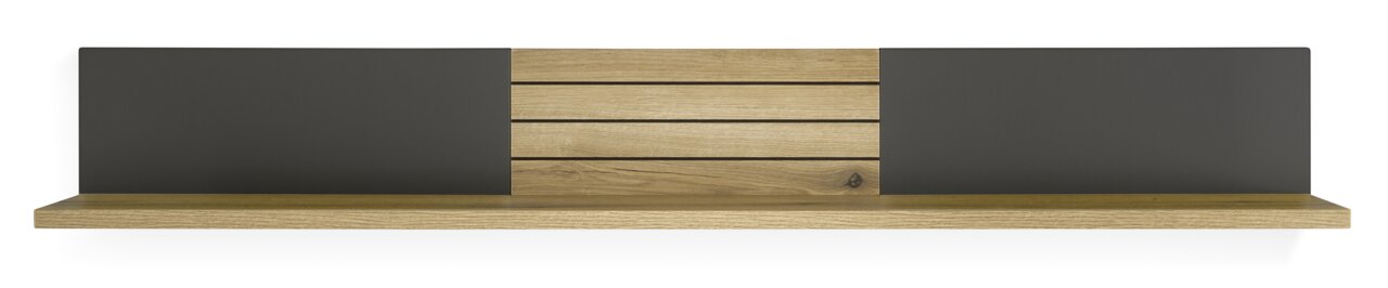 Moderne houten wandplank met donkere zijkanten, vooraanzicht