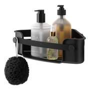 Schwarzer Eckbehälter mit Gel-Lock-Technologie, gefüllt mit verschiedenen Flaschen und einem schwarzen Schwamm, seitliche Perspektive.