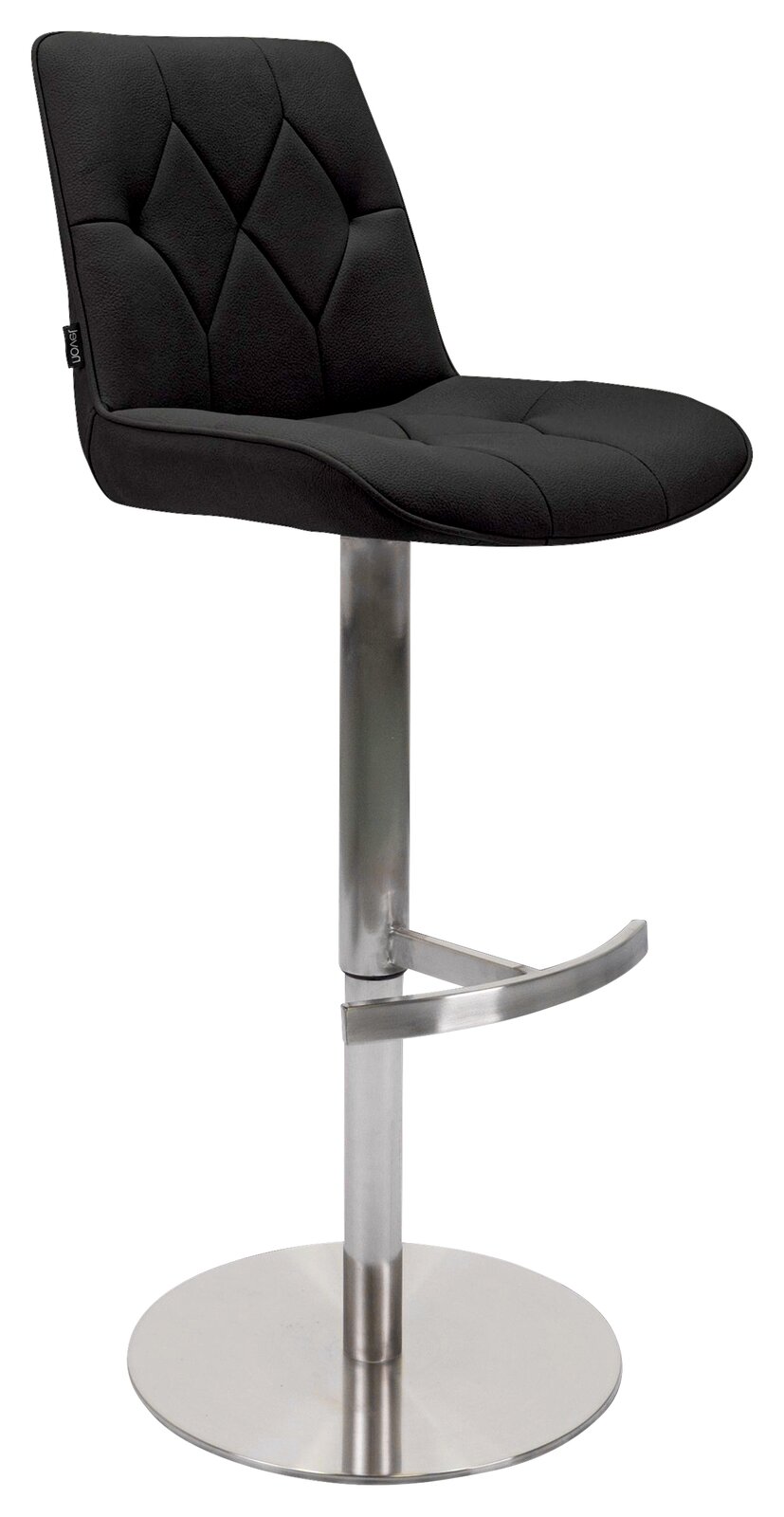 Moderner Barhocker mit schwarzem, gepolstertem Sitz und Rückenlehne, verchromtem Standfuß und Fußstütze, seitliche Perspektive