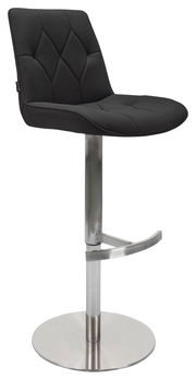 Moderner Barhocker mit schwarzem, gepolstertem Sitz und Rückenlehne, verchromtem Standfuß und Fußstütze, seitliche Perspektive