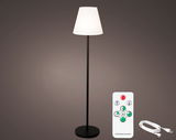 LED Bodenlampe mit weißem Schirm und schwarzem Ständer, inklusive Fernbedienung und USB-Kabel, seitliche Perspektive