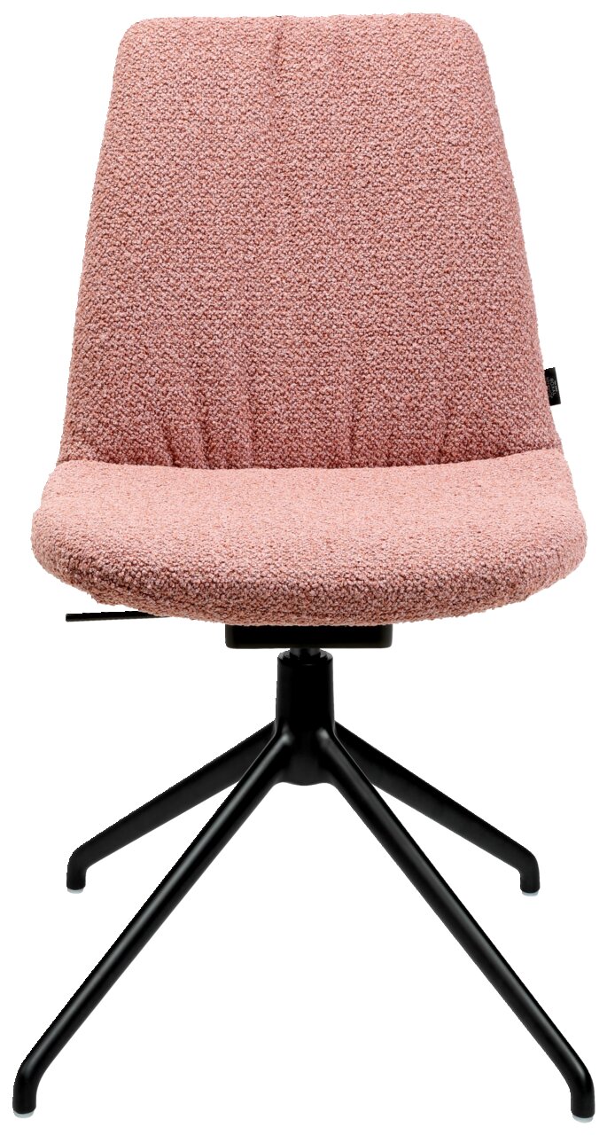 Moderner Stuhl mit rosa Polsterung und schwarzem Metallgestell, Frontalansicht