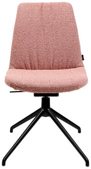 Moderner Stuhl mit rosa Polsterung und schwarzem Metallgestell, Frontalansicht