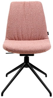 Moderner Stuhl mit rosa Polsterung und schwarzem Metallgestell, Frontalansicht