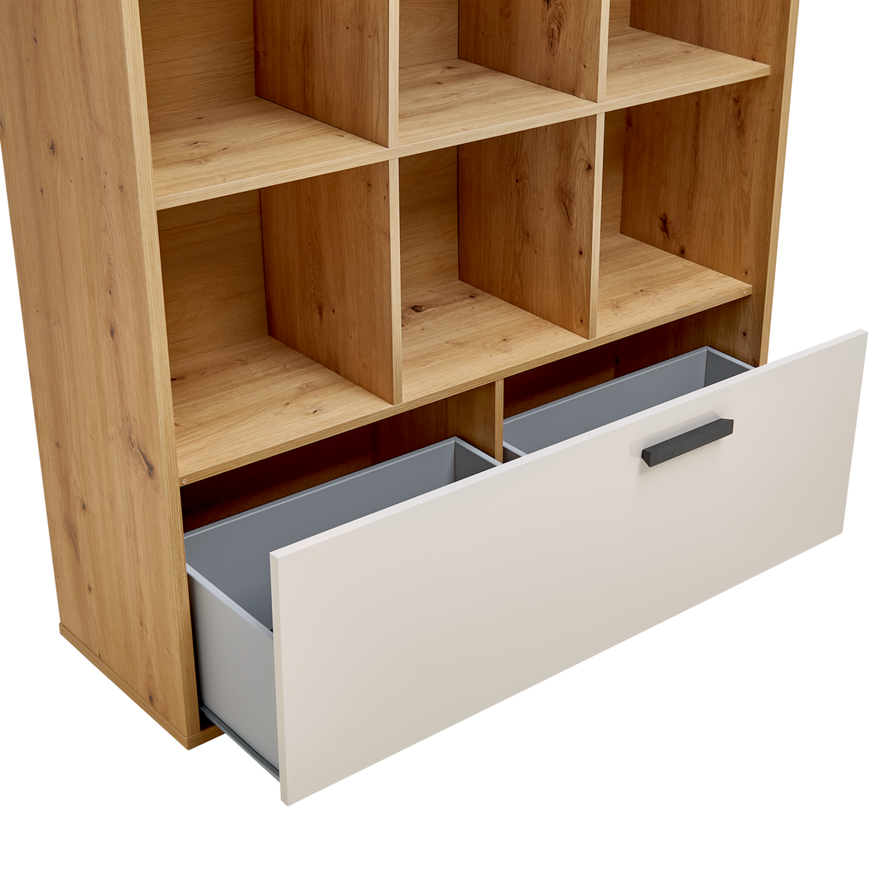 Bücherregal aus Holz mit offenen Fächern und einer großen, weißen Schublade, Perspektive von schräg oben