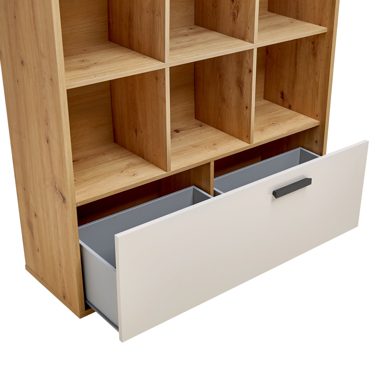 Bücherregal aus Holz mit offenen Fächern und einer großen, weißen Schublade, Perspektive von schräg oben