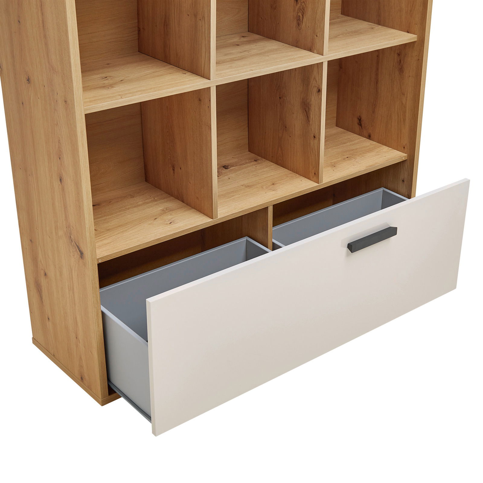 Bücherregal aus Holz mit offenen Fächern und einer großen, weißen Schublade, Perspektive von schräg oben