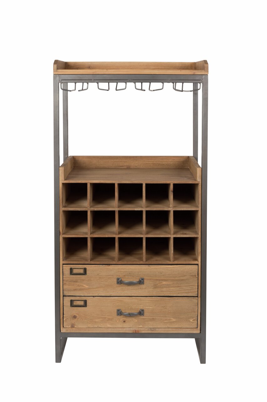 Frontale Ansicht eines Weinregals aus Holz und Metall mit mehreren Fächern und zwei Schubladen.