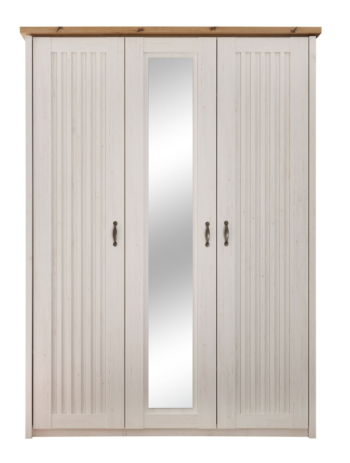 Dreitüriger Kleiderschrank in weiß mit mittigem Spiegel, Frontalansicht