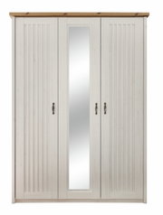 Dreitüriger Kleiderschrank in weiß mit mittigem Spiegel, Frontalansicht