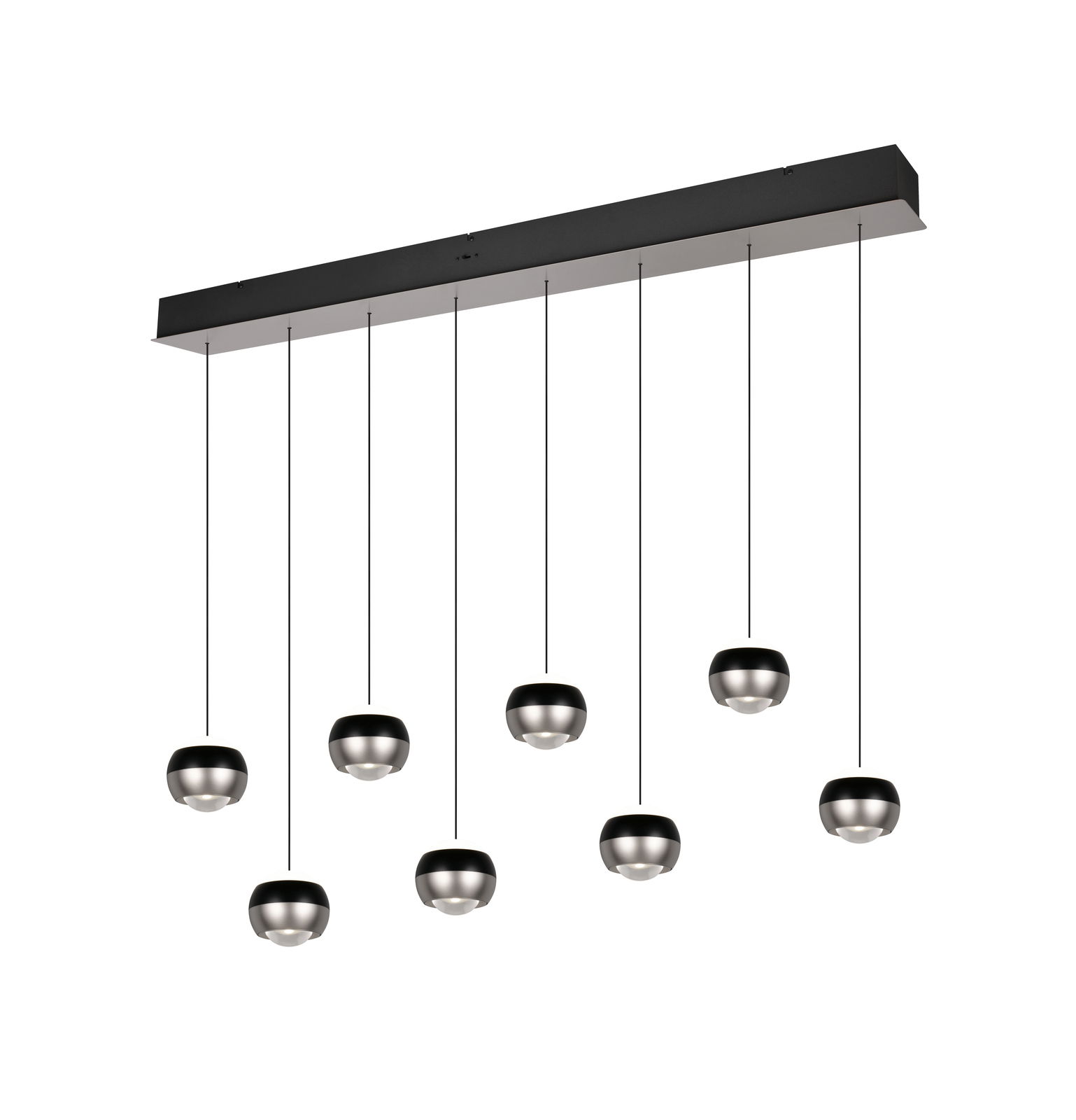 Moderne Pendelleuchte mit acht kugelförmigen Lampen, von unten betrachtet.