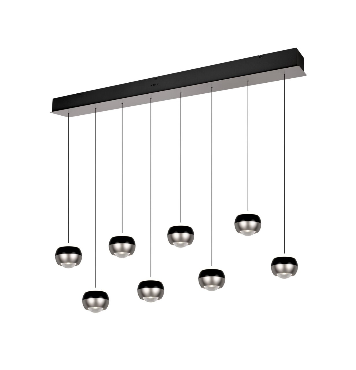 Moderne hanglamp met acht bolvormige lampen, gezien van onderaf.