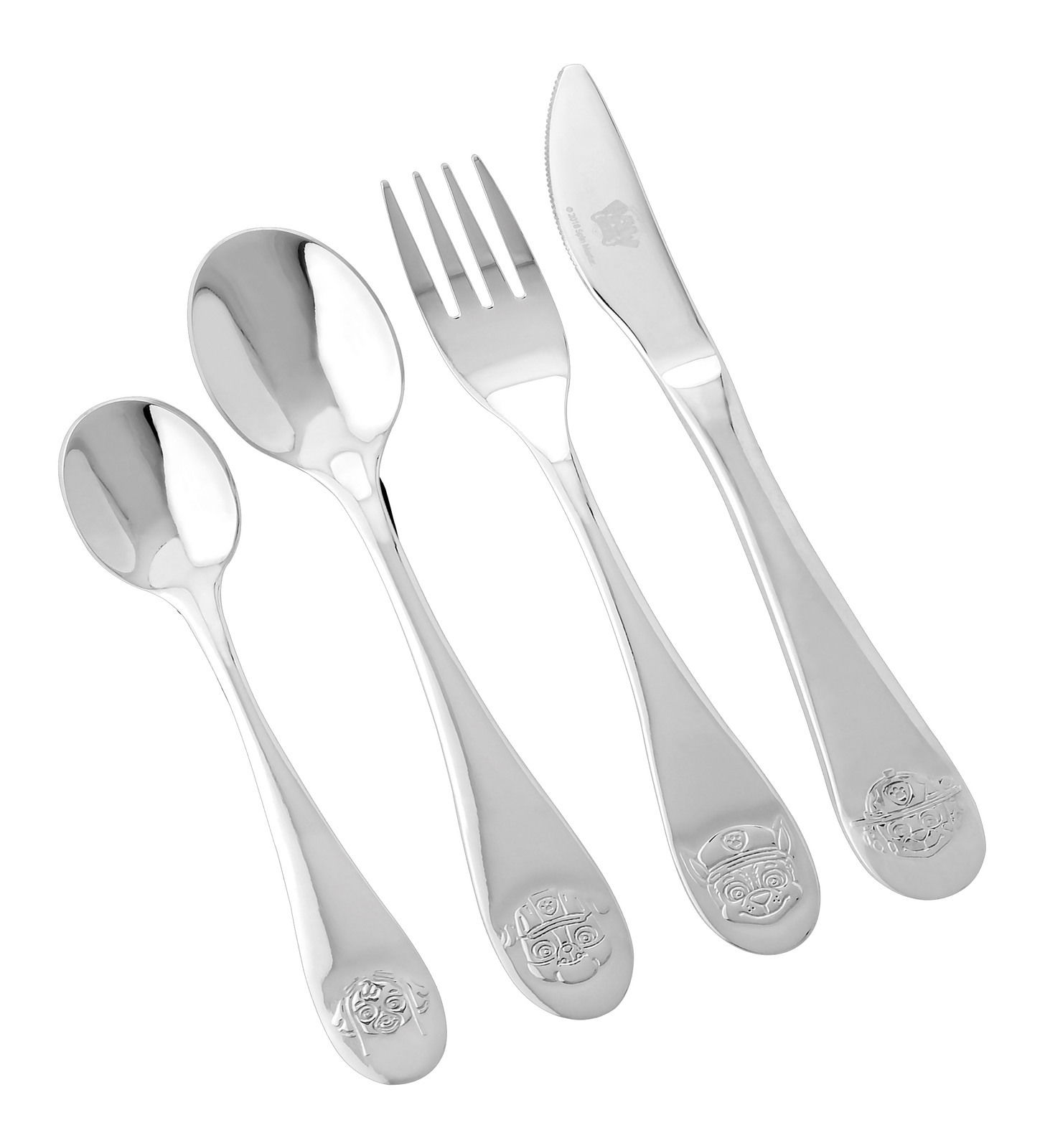 4-teiliges Edelstahlbesteckset mit Löffel, Gabel und Messer, von oben fotografiert, mit geprägten Tiermotiven auf den Griffen.