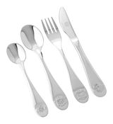 4-teiliges Edelstahlbesteckset mit Löffel, Gabel und Messer, von oben fotografiert, mit geprägten Tiermotiven auf den Griffen.