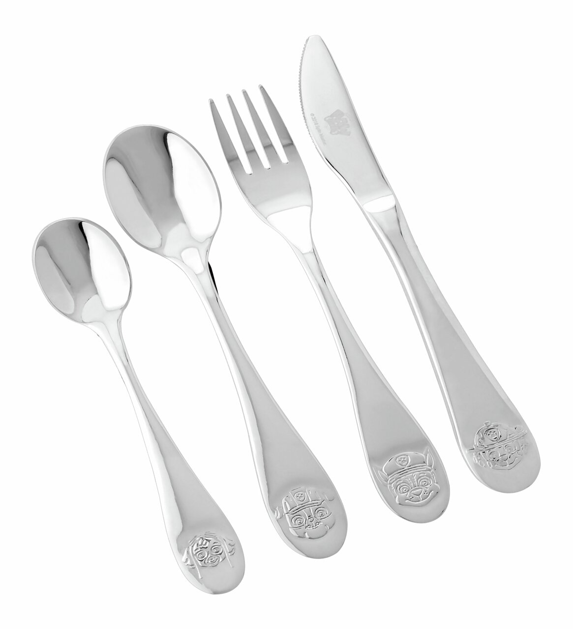 4-teiliges Edelstahlbesteckset mit Löffel, Gabel und Messer, von oben fotografiert, mit geprägten Tiermotiven auf den Griffen.