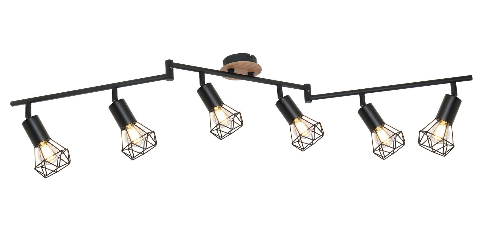 Moderner Strahler XARA I mit sechs verstellbaren Leuchten in schwarzem Metall und Holzdetails, seitliche Perspektive.