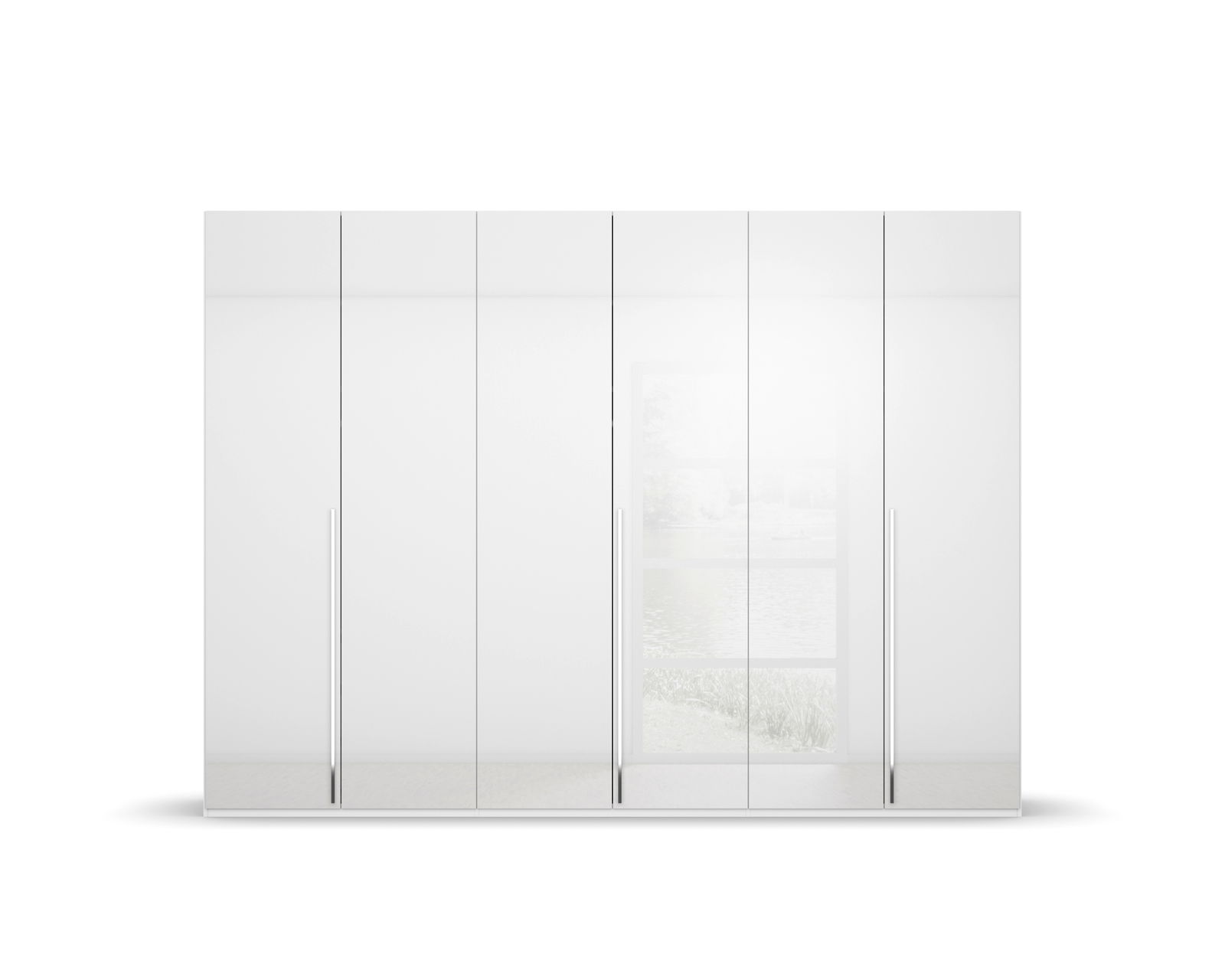 Sechs-türiger Drehtürenschrank in weißer Hochglanzoptik, frontal betrachtet.