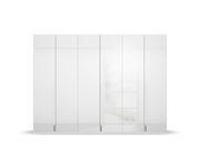 Sechs-türiger Drehtürenschrank in weißer Hochglanzoptik, frontal betrachtet.