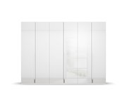 Sechs-türiger Drehtürenschrank in weißer Hochglanzoptik, frontal betrachtet.