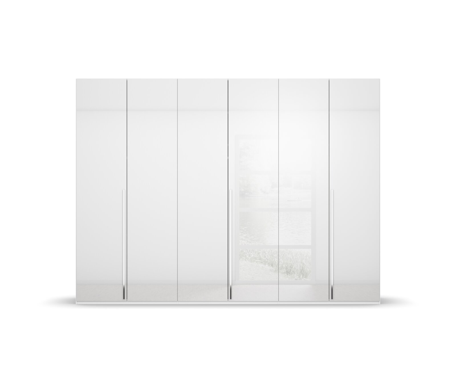 Sechs-türiger Drehtürenschrank in weißer Hochglanzoptik, frontal betrachtet.