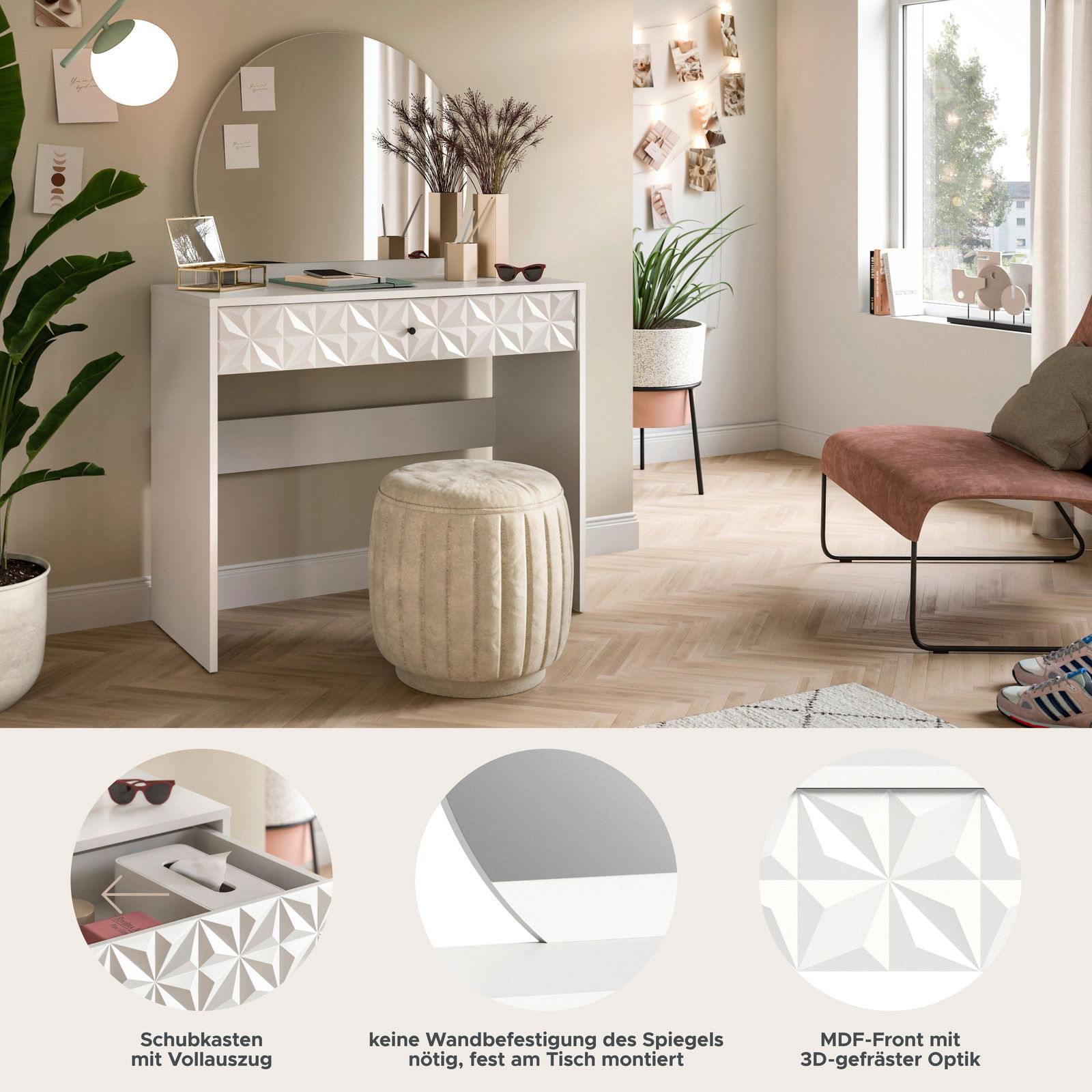 Moderner Schminktisch mit rundem Spiegel, Schublade mit 3D-gefräster Optik und Hocker, seitliche Perspektive.