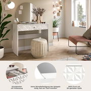 Moderner Schminktisch mit rundem Spiegel, Schublade mit 3D-gefräster Optik und Hocker, seitliche Perspektive.