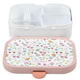 Lunchbox mit Blumenmuster, geöffnete Perspektive, zeigt Fächer und Gabel.