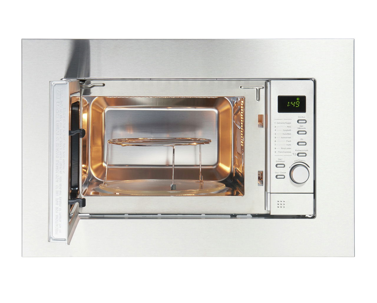 Eingebaute Mikrowelle in Edelstahloptik mit geöffneter Tür, Frontansicht