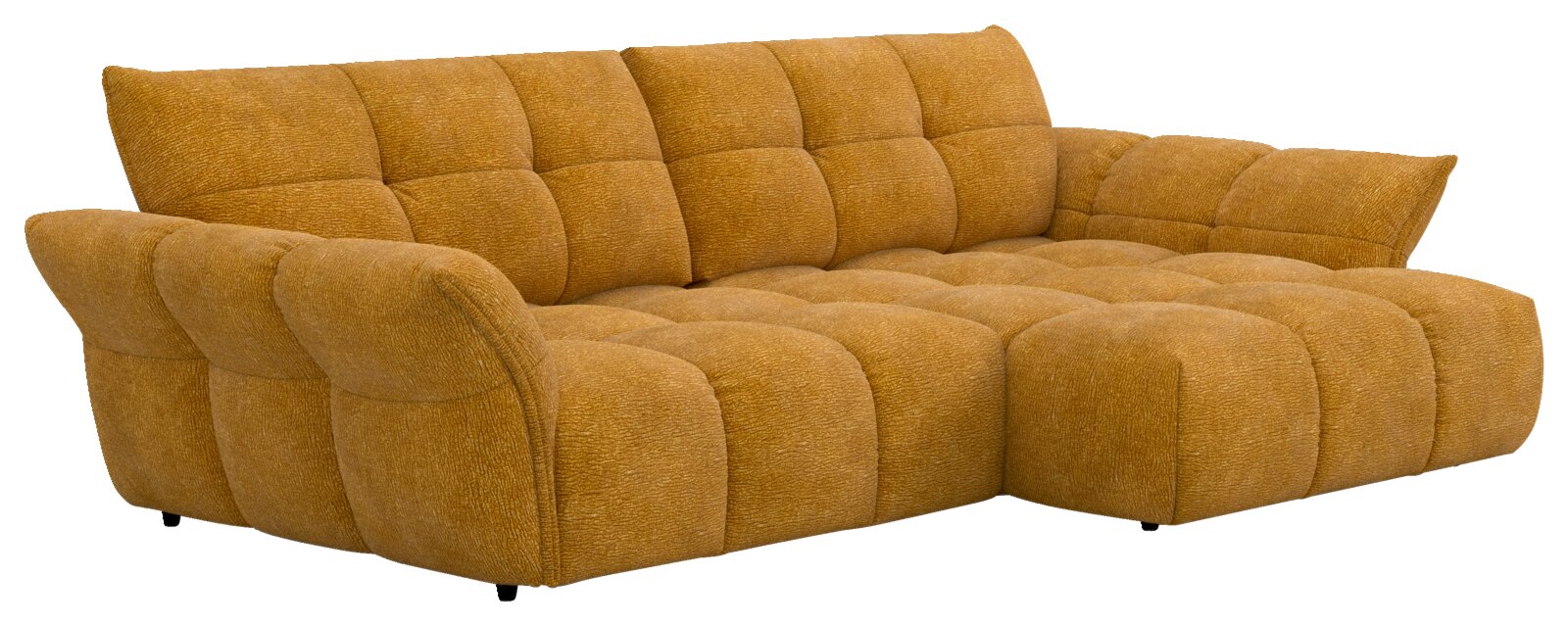 Welnova Longchair-combinatie TINO Mosterdgele, gestoffeerde hoekbank met chaise longue rechts en doorgestikte kussenvakken, getoond in schuin vooraanzicht op witte achtergrond