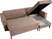 Schlafsofa in L-Form mit Stauraum, rechte Perspektive, geöffnete Sitzfläche und Armlehne