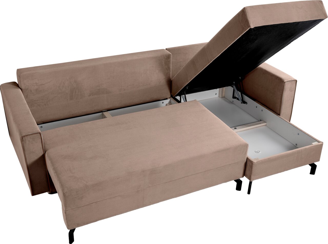 Schlafsofa in L-Form mit Stauraum, rechte Perspektive, geöffnete Sitzfläche und Armlehne