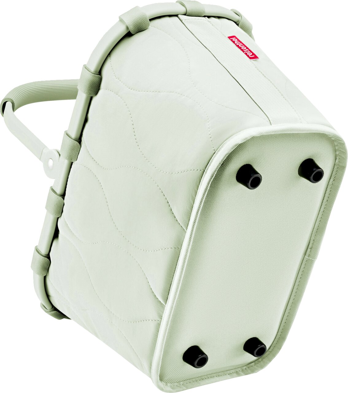 Mintgrüne Reisenthel-Tasche mit gesteppter Oberfläche und Griff, schräg von unten/seitlich fotografiert, Boden mit vier schwarzen Standfüßen sichtbar