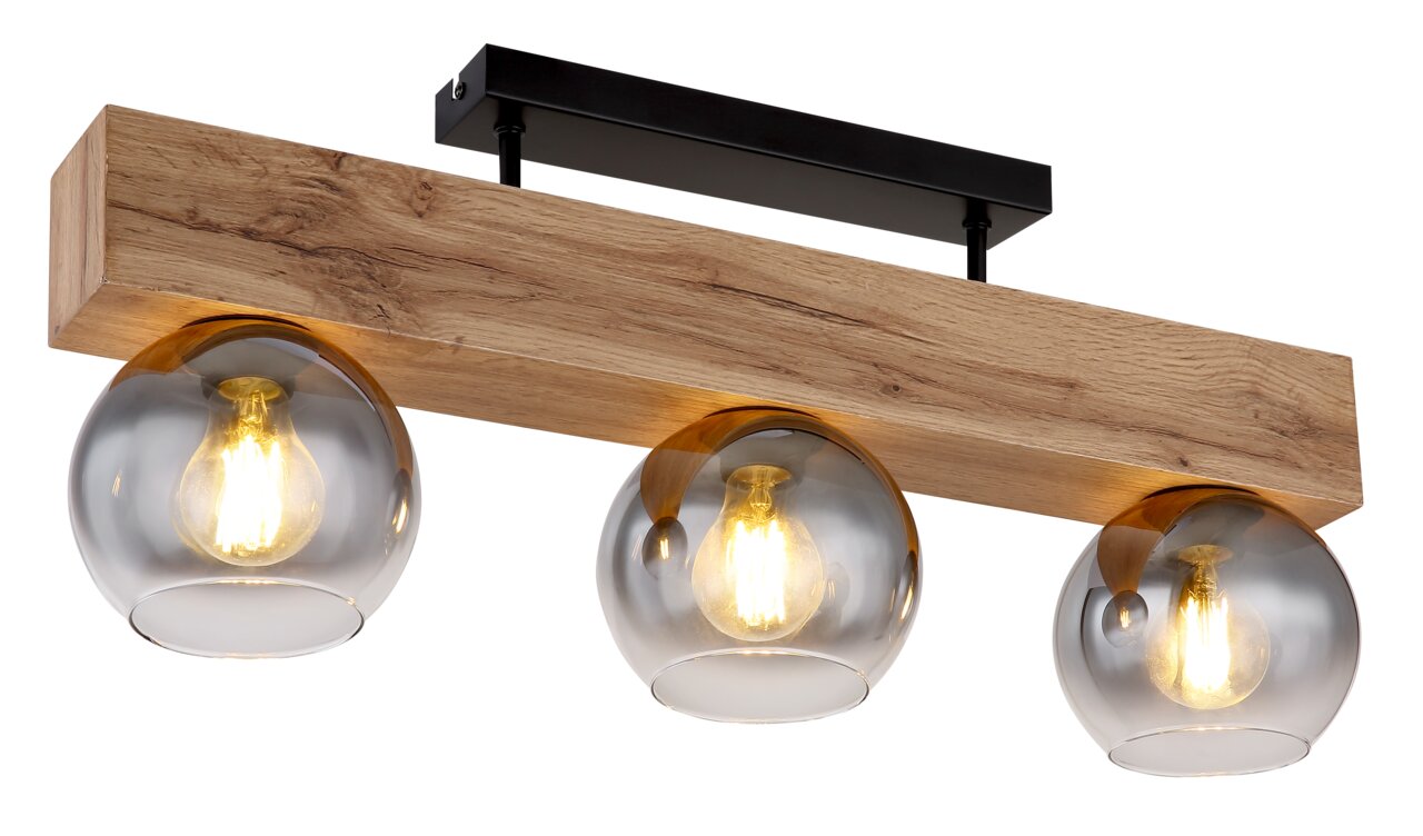 Moderne Deckenleuchte mit drei kugelförmigen Glühbirnen, montiert auf einem rechteckigen Holzbalken, seitliche Perspektive.