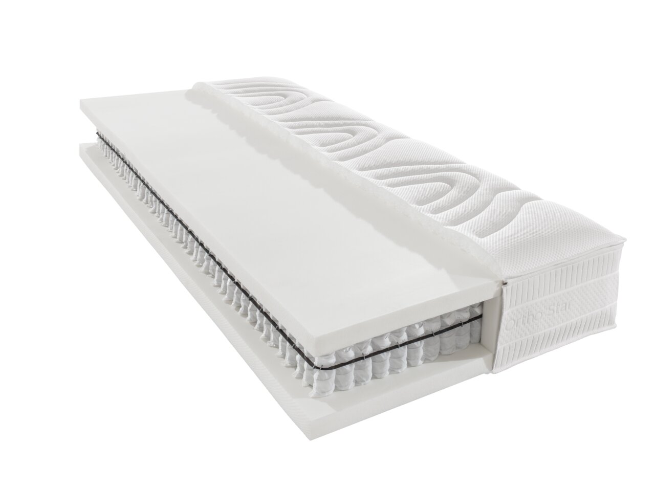 Novel Taschenfederkernmatratze H4 ORTHO STAR DE LUXE T Querschnitt einer Taschenfederkernmatratze H4 mit sichtbaren Schichten und Federkern, perspektivisch von der Seite aufgenommen.
