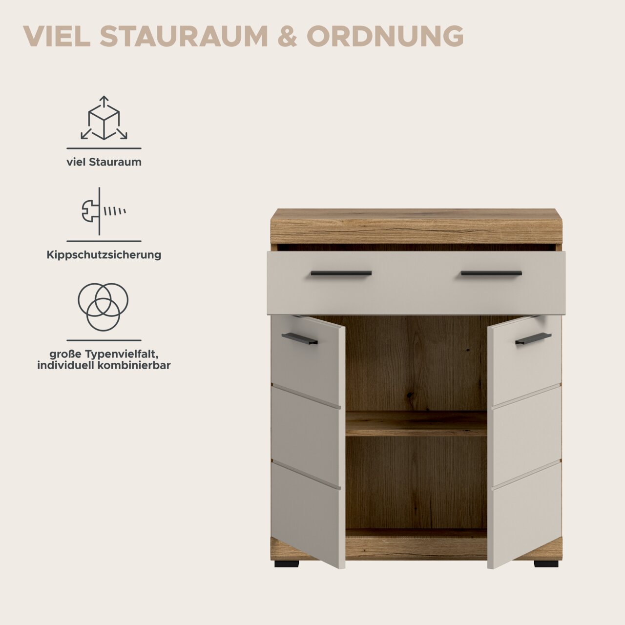 Badezimmer-Unterschrank in Holzoptik mit weißer Front und schwarzen Griffen, zwei Türen geöffnet und Innenfächer sichtbar, frontal aus leicht erhöhter Perspektive vor hellem Hintergrund mit Hinweis-Icons zu Stauraum, Kippschutz und Kombinierbarkeit.