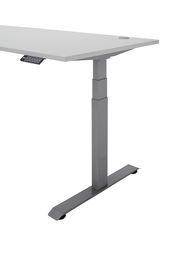 Moderner höhenverstellbarer Eckschreibtisch der E-Serie in seitlicher Perspektive, mit grauem Metallgestell und weißer Tischplatte.