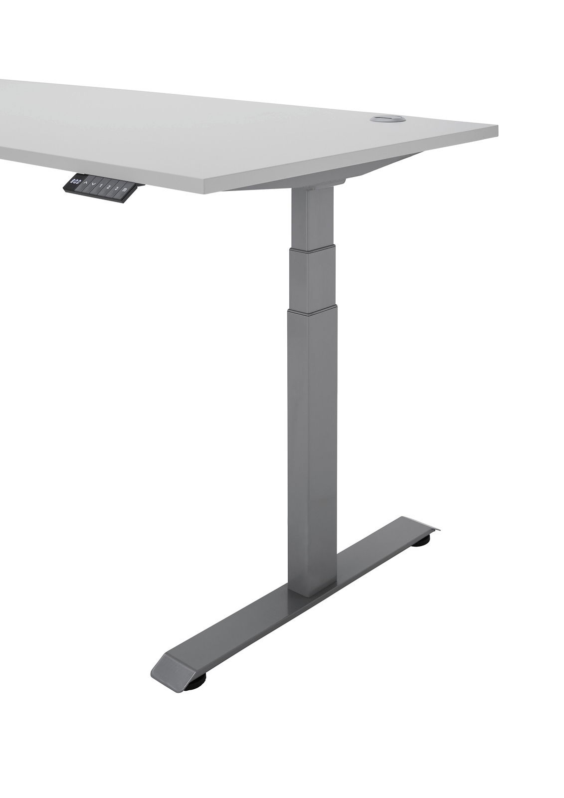 Moderner höhenverstellbarer Eckschreibtisch der E-Serie in seitlicher Perspektive, mit grauem Metallgestell und weißer Tischplatte.