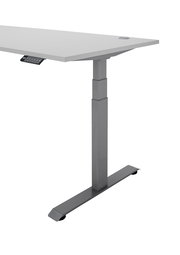 Moderner höhenverstellbarer Eckschreibtisch der E-Serie in seitlicher Perspektive, mit grauem Metallgestell und weißer Tischplatte.