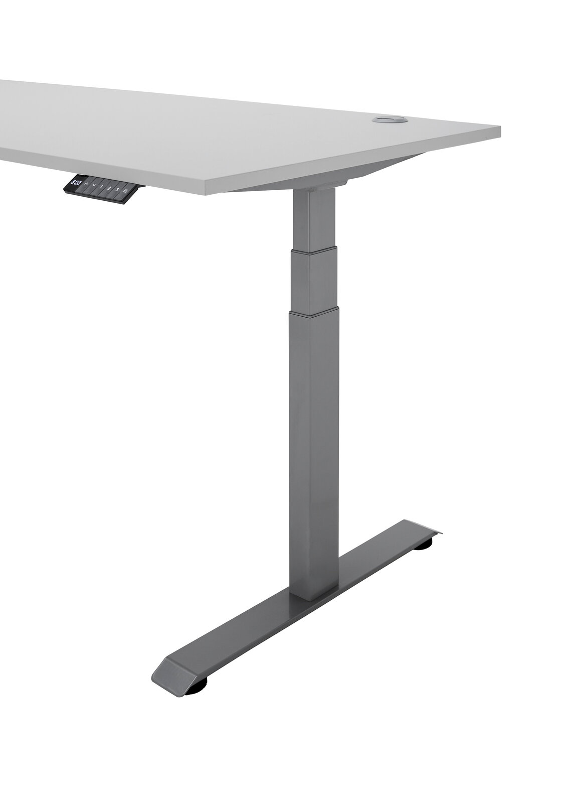 Moderner höhenverstellbarer Eckschreibtisch der E-Serie in seitlicher Perspektive, mit grauem Metallgestell und weißer Tischplatte.