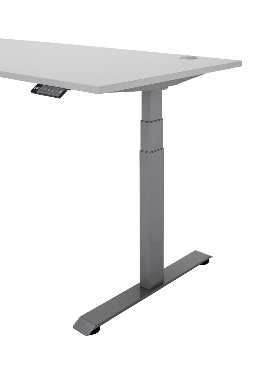 Modern, in hoogte verstelbaar hoekbureau uit de E-serie, gezien vanaf de zijkant, met een grijs metalen onderstel en een wit tafelblad.