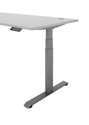 Modern, in hoogte verstelbaar hoekbureau uit de E-serie, gezien vanaf de zijkant, met een grijs metalen onderstel en een wit tafelblad.