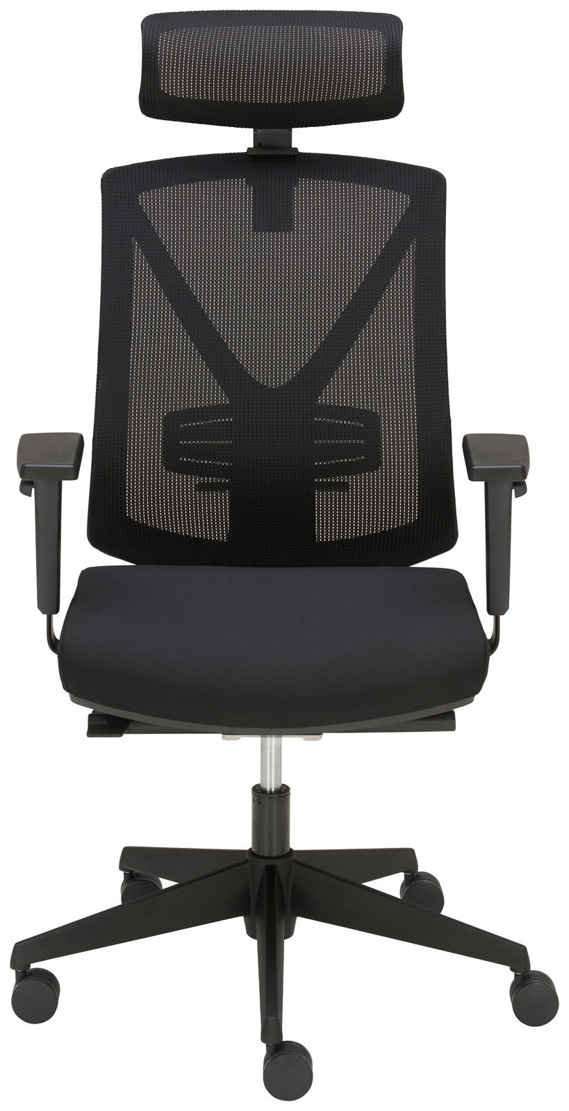 Moderner schwarzer Drehstuhl mit Netzrückenlehne und Kopfstütze, Frontalansicht