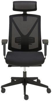 Moderner schwarzer Drehstuhl mit Netzrückenlehne und Kopfstütze, Frontalansicht