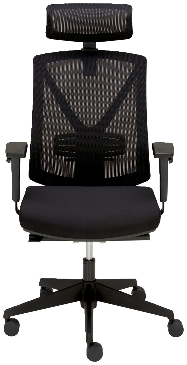 Moderner schwarzer Drehstuhl mit Netzrückenlehne und Kopfstütze, Frontalansicht