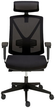 Moderner schwarzer Drehstuhl mit Netzrückenlehne und Kopfstütze, Frontalansicht