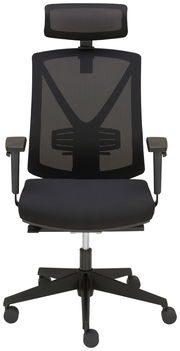 Moderner schwarzer Drehstuhl mit Netzrückenlehne und Kopfstütze, Frontalansicht