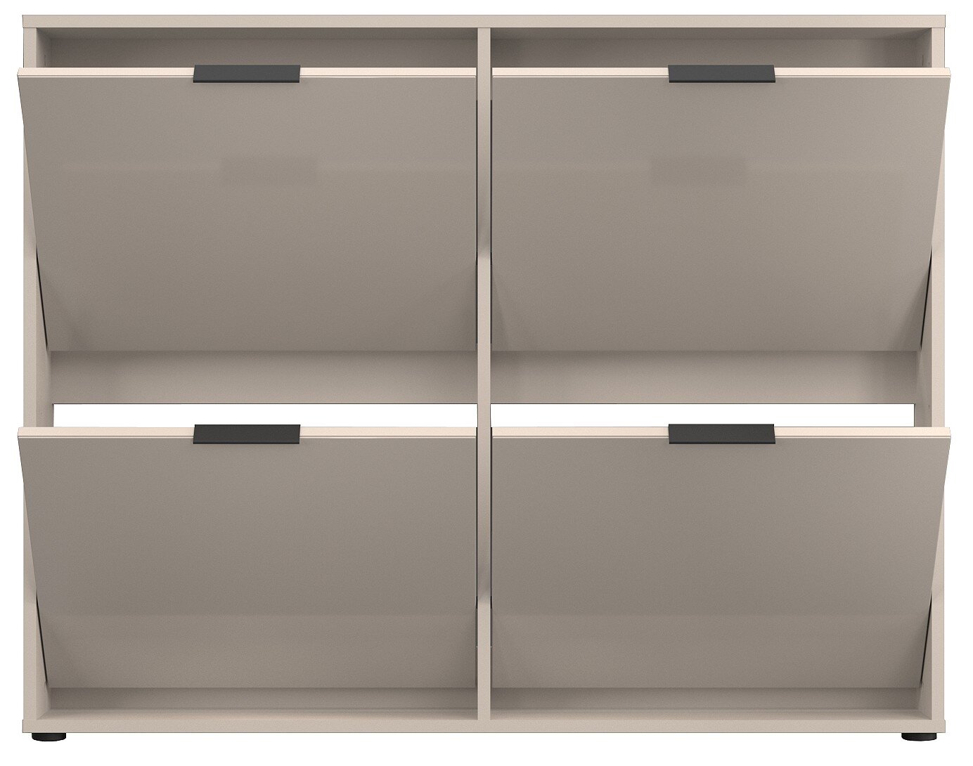 Modernes Schuhregal/Schuhschrank in Beige mit vier Klappfächern und schwarzen Griffleisten, Frontansicht